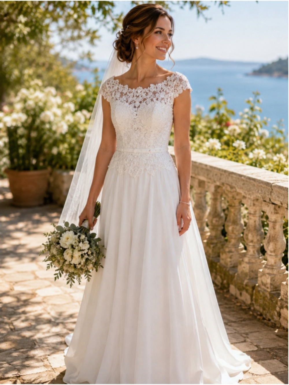 David's Bridal Illusion Lace Chiffon Wedding Gown - US 8